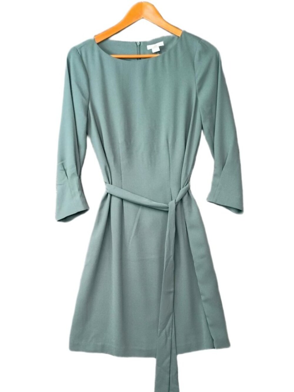 H&M NWT Belted Tie Waist Mini Dress Sage Green 3/4 Sleeve Shift Size Small
